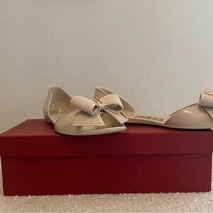 Ferragamo patent leather, open toe shoes, light pink